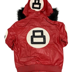 Handmade Men&#39;s Robert Phillipe Red 8 Ball Jacket with Fur Hood