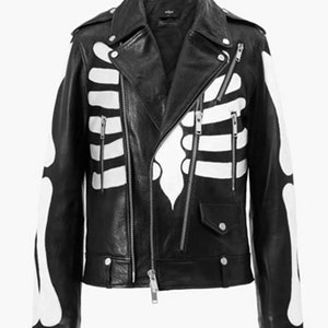 Handmade Motorcycle Skeleton Genuine Cowhide Leather Jacket Motorcycle Jacket Mens Black Cowhide Leather Jacket
