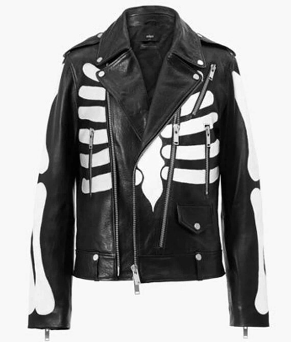 Handmade Motorcycle Skeleton Genuine Cowhide Leather Jacket