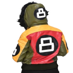 Handmade Women&#39;s Robert Phillipe Multicolor 8 Ball Jacket with Fur Hood