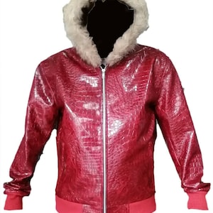 Handmade Men&#39;s Red Crocodile Embossed Faux Leather Fur Trim Hoodie Jacket