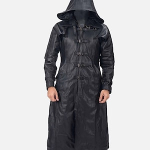 Handmade Steampunk Gothic Duster Black Leather Long Trench Coat Hoodie