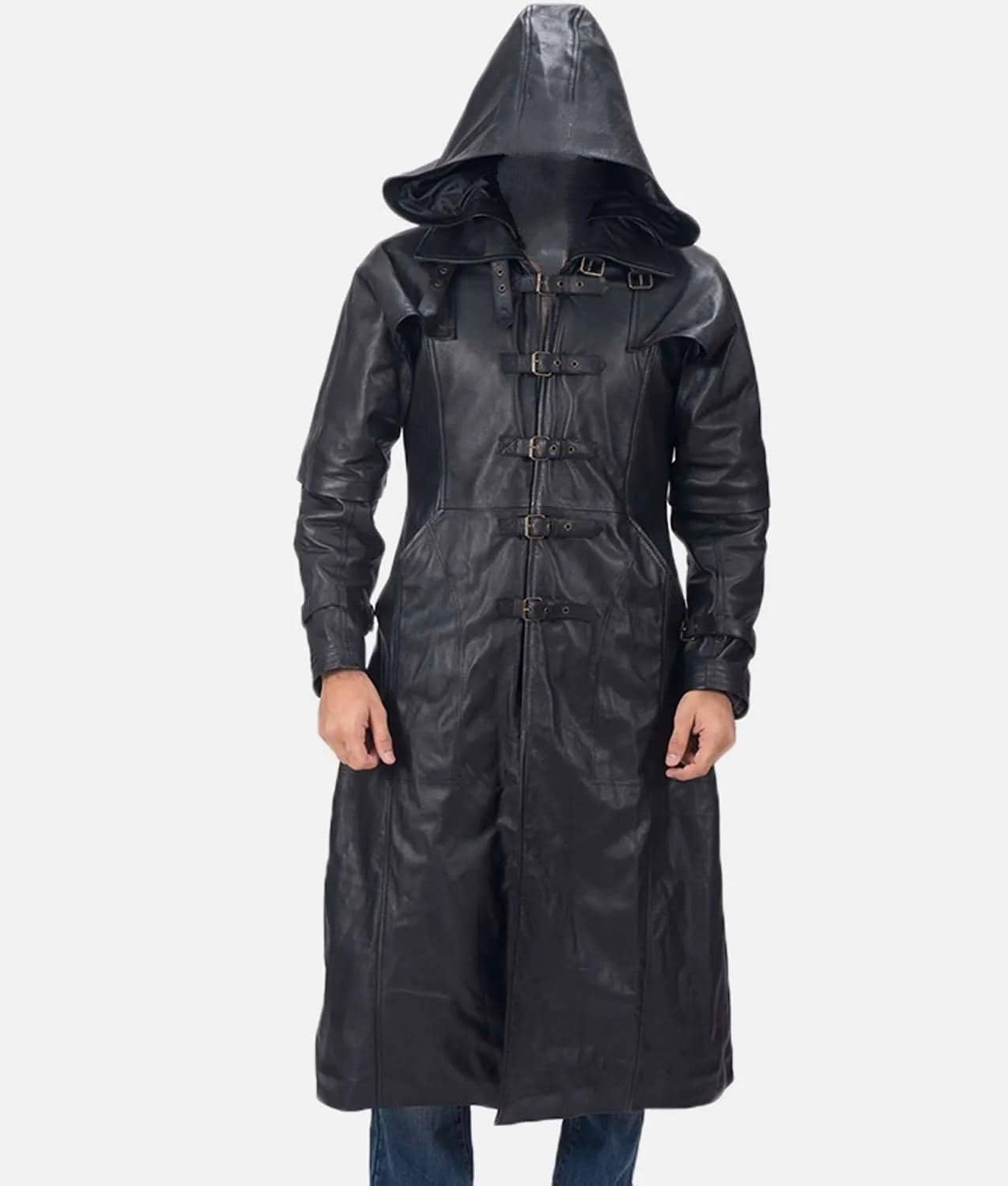 Handmade Steampunk Gothic Duster Black Leather Long Trench Coat Hoodie ...