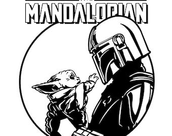 May include: Black and white illustration of a Mandalorian character from Star Wars: The Mandalorian, wearing a helmet and holding a small, green alien creature.