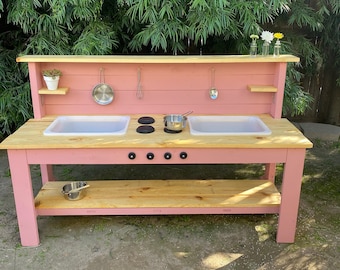 Hand Made Wooden Toy Kitchen for Toddlers - Montessori Wood Mud Table - Toddlers Sand Table - Backyard Kids Kitchen - Water Station for Kids
