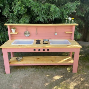 Hand Made Wooden Toy Kitchen for Toddlers Montessori Wood Mud Table Toddlers Sand Table Backyard Kids Kitchen Water Station for Kids image 1