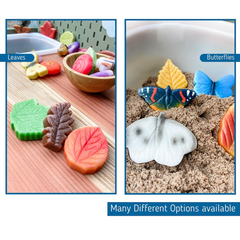 May include: A set of colourful, hand-painted wooden leaves and butterflies. The leaves are green, brown, and orange. The butterflies are white, black, red, and blue. The items are displayed in a white bowl and on a wooden surface. "Leaves" and "Butterflies" are written on the image. "Many Different Options available" is written at the bottom of the image.