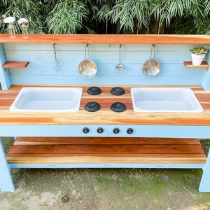 Handmade Wooden Outdoor Play Kitchen Stainless Steel Sink Mud Table for Toddlers Outdoor Sensory Play Montessori Wood Play Table image 3