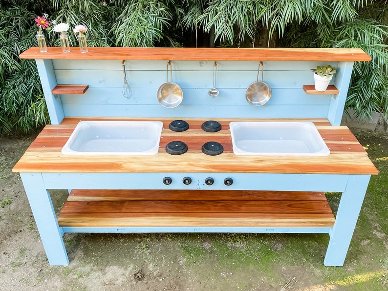 Handmade Wooden Outdoor Play Kitchen Stainless Steel Sink Mud Table for Toddlers Outdoor Sensory Play Montessori Wood Play Table image 3