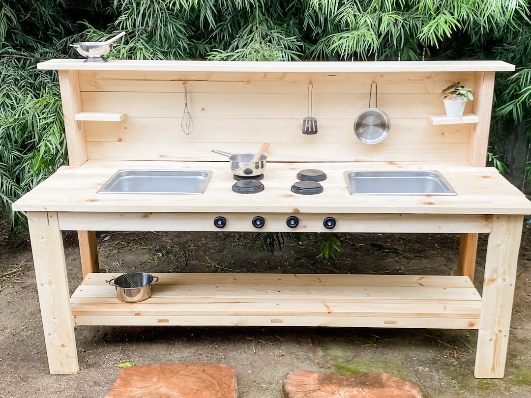 Handmade Wooden Outdoor Play Kitchen Stainless Steel Sink Mud Table for