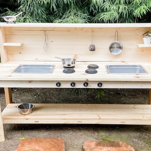 Handmade Wooden Outdoor Play Kitchen - Stainless Steel Sink - Mud Table for Toddlers - Outdoor Sensory Play - Montessori Wood Play Table
