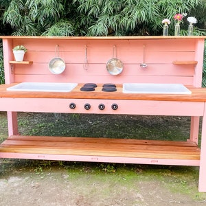 Handmade Wooden Outdoor Play Kitchen Stainless Steel Sink Mud Table for Toddlers Outdoor Sensory Play Montessori Wood Play Table image 5