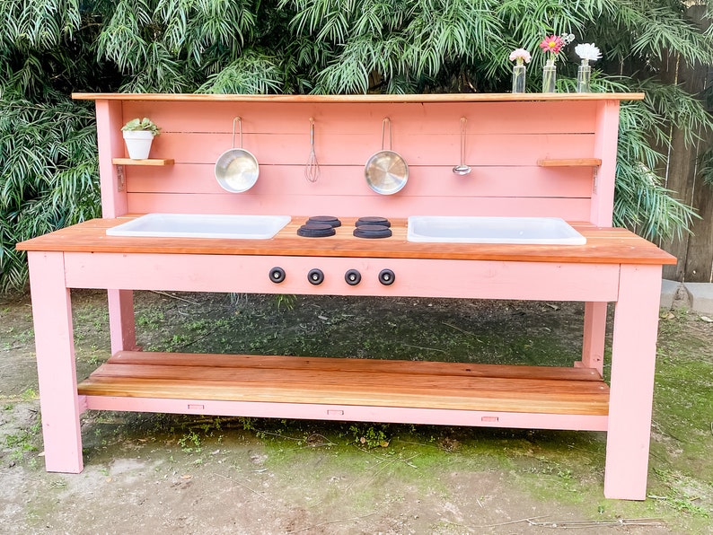 Handmade Wooden Outdoor Play Kitchen Stainless Steel Sink Mud Table for Toddlers Outdoor Sensory Play Montessori Wood Play Table image 5