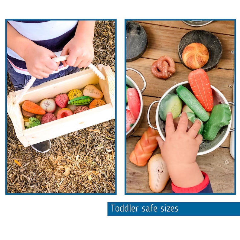 May include: A wooden crate filled with colorful toy vegetables and fruits. A child's hand is holding a carrot. The text "Toddler safe sizes" is at the bottom of the image.
