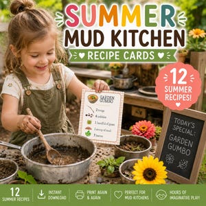 Cartões de Receitas para Cozinha de Lama de Verão – Atividade Sensorial Imprimível para Crianças Pequenas e Bebês