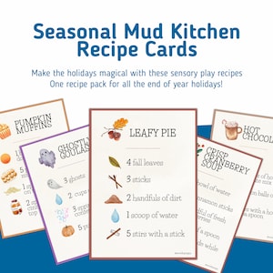 Cartes de recettes de cuisine de boue saisonnière - Montessori imprimable - Jeu nature - Matériel d’école à la maison - Accessoire de cuisine de boue - Carte de recette imprimable