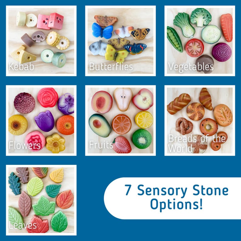May include: Seven sets of sensory stones, each set representing a different theme: kebabs, butterflies, vegetables, flowers, fruits, breads of the world, and leaves. Each set features colorful, realistic-looking stones.