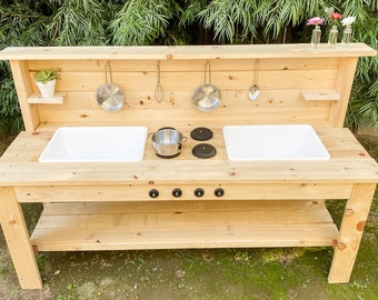 Unfinished Wood Double Sink Mud Kitchen