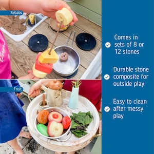 May include: A set of colourful pretend food items for kids, including fruit and kebabs. The food is made of durable stone composite and is easy to clean. The set comes in sets of 8 or 12 stones.