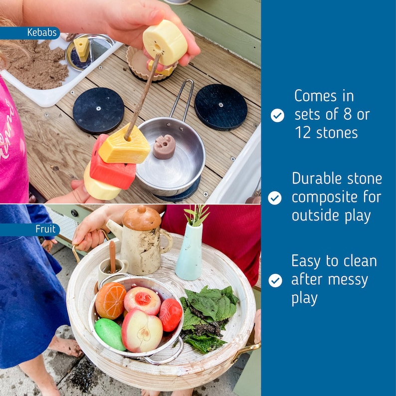 May include: A set of colourful pretend food items for kids, including fruit and kebabs. The food is made of durable stone composite and is easy to clean. The set comes in sets of 8 or 12 stones.