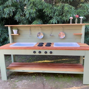 Handmade Wooden Outdoor Play Kitchen Stainless Steel Sink Mud Table for Toddlers Outdoor Sensory Play Montessori Wood Play Table image 4
