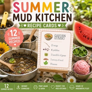 May include: A set of Summer Mud Kitchen recipe cards featuring a Garden Gumbo card with illustrations of twigs, pebbles, grass, mud, and leaves. The card is displayed on a small wooden easel surrounded by metal pots, a wooden spoon, and a watermelon slice.