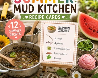 May include: A set of Summer Mud Kitchen recipe cards featuring a Garden Gumbo card with illustrations of twigs, pebbles, grass, mud, and leaves. The card is displayed on a small wooden easel surrounded by metal pots, a wooden spoon, and a watermelon slice.