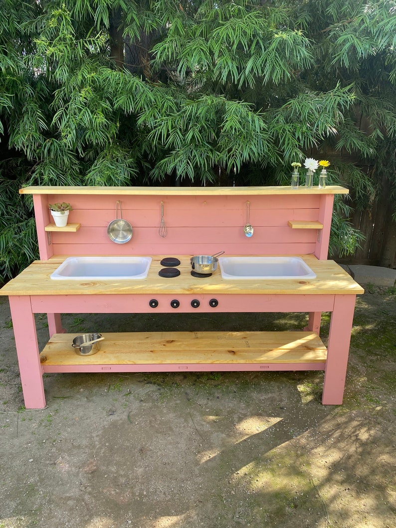 Hand Made Wooden Toy Kitchen for Toddlers Montessori Wood Mud Table Toddlers Sand Table Backyard Kids Kitchen Water Station for Kids image 1