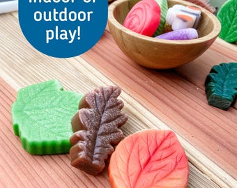 Play Leaves - Pretend Leaf Set - Story Rocks - Seasonal Sensory Stones - Mud Kitchen Accessory - Fall Leaves - Play Dough Stamps