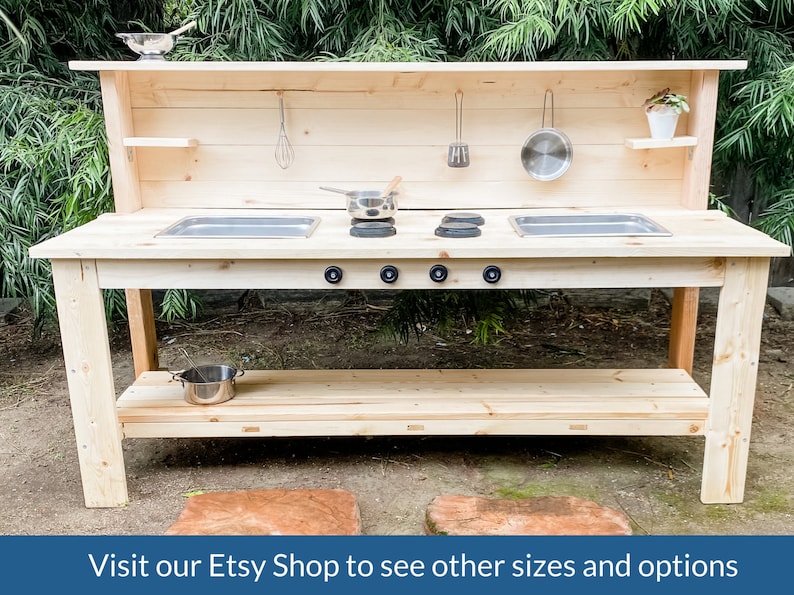 Handmade Wooden Outdoor Play Kitchen Stainless Steel Sink Mud Table for Toddlers Outdoor Sensory Play Montessori Wood Play Table image 2