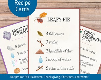 Printable Recipe Cards for Sensory Play - Holiday Themed Outdoor Play - Homeschool Education - Fall Mud Kitchen Play - Kids Activity Cards