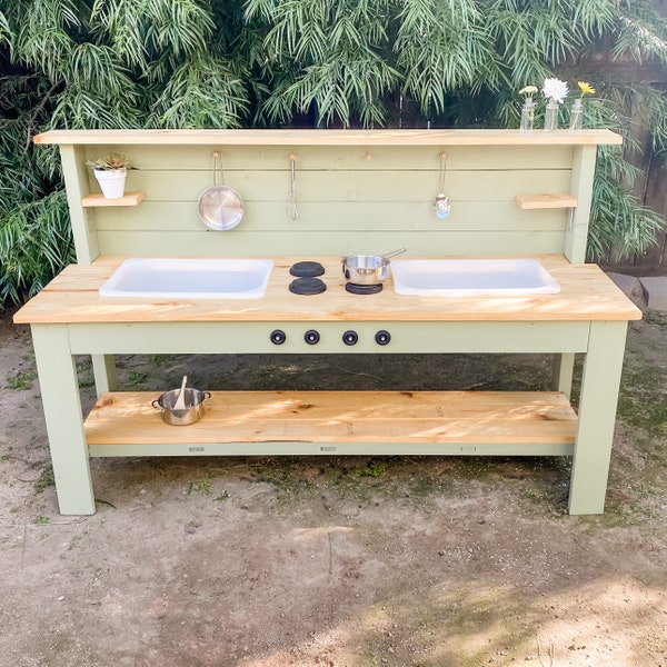 Hand Made Wood Play Kitchen - Montessori Wood Mud Kitchen - Mud Kitchen for Kids - Outdoor Toy Kitchen - Wooden Play Kitchen for Kids