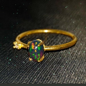 Black Opal Sterling Silver Ring: Dainty October Birthstone Ring