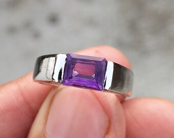 Natural Amethyst  Ring - Promise Amethyst Ring - Emerald Cut Amethyst Ring - Sterling Silver Jewelry - February Birthstone - Gift For Her