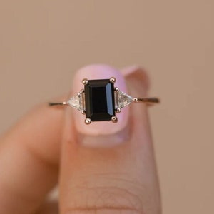 Emerald Cut Black Onyx Engagement Ring, Rose Gold Three Stone Ring, Trillion Cut Diamond Promise Ring for Women, Dainty Statement Jewelry
