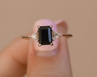Emerald Cut Black Onyx Engagement Ring, Rose Gold Three Stone Ring, Trillion Cut Diamond Promise Ring for Women, Dainty Statement Jewelry