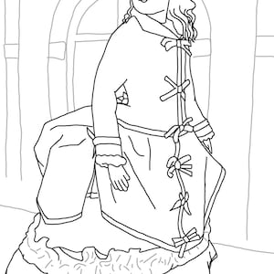 Può includere: Disegno a tratto di una giovane persona con un cappotto lungo e un vestito. Il cappotto ha fiocchi sul davanti e sulle maniche. L'abito ha una gonna a balze. La persona ha lunghi capelli ricci e una corona floreale.