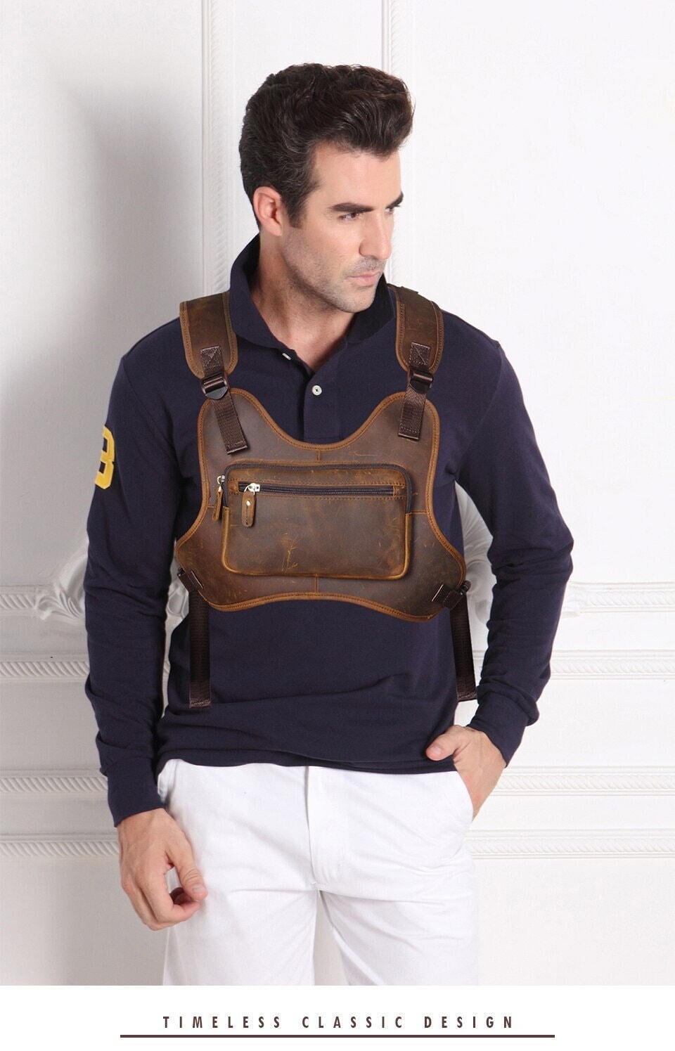 Men Vintage Real Leather Two Straps Chest Rig Bags Rectangle Streetwear  Hip-Hop