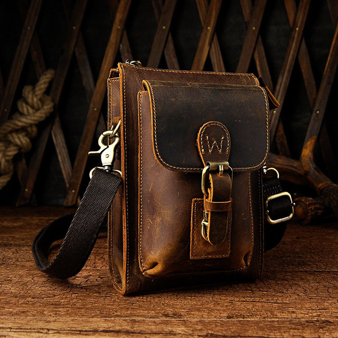 Vintage Brown Leather Mini Sling Bag Waist Belt Pouch For Men