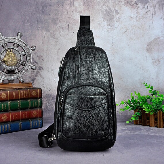Black Crazy Horse Leather Men Casual Blue Travel Triangle Bag 