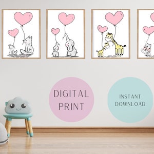 Cute Baby Animal Prints, Set of 4, Kids Wall Art, Nursery Prints, Bedroom Decor, New Baby, Elephant, Giraffe, Cat, Fox, Balloon, Mother Baby