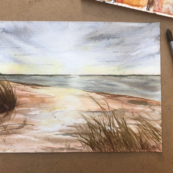 Original Aquarellbild Strand und Meer Meerblick Abstrakt minimalistisches Gemälde Scandinavisch und dramatische Wandkunst