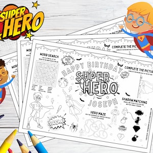 Mantel Individual de Superhéroes Cumpleaños Infantil / Hoja de Actividades - Personalizado / Descarga Digital Imprimible - Feliz Cumpleaños - Fiesta - Tamaño A4 o Carta