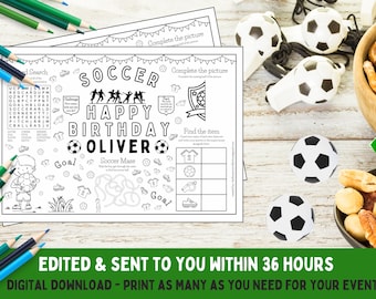 Children's Birthday Soccer Placemat / Activity Sheet - Aangepaste / Afdrukbare Digitale Download - Happy Birthday - Party