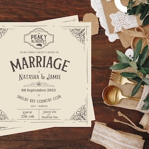 Peaky Blinders Inspired Wedding Stationery Bundle - Gepersonaliseerde uitnodigingen / bestelling van service / plaats kaarten / save the date - Digitale pdf