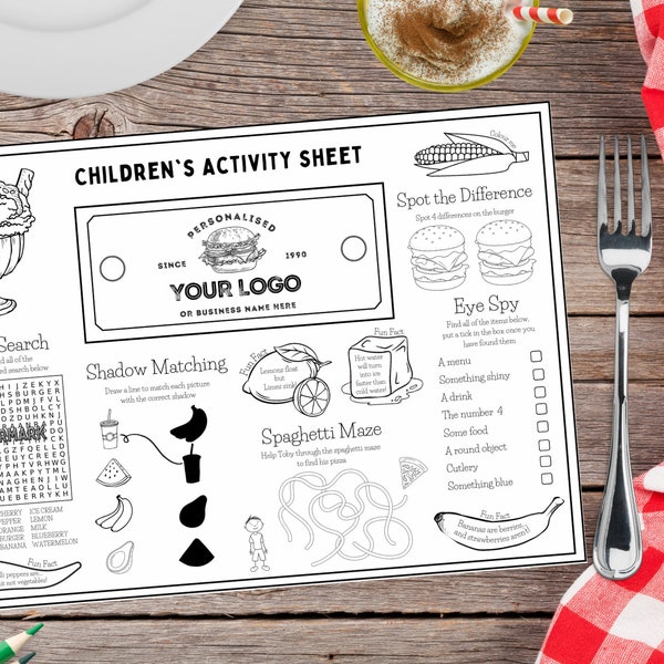 Children’s Activity Mat - Fully personalised - Restaurant/ Hotel/ Cafe/ B&B / Diner - Digital Download