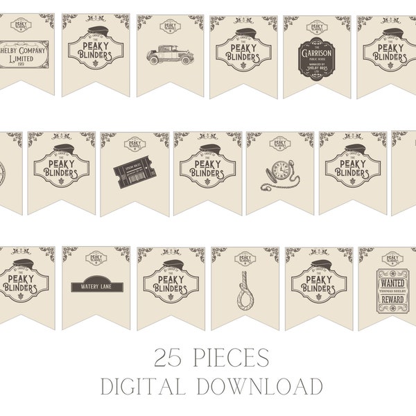 Peaky Blinders Inspired Bunting / Banner - 25 pieces - Digital Download - Print from home - Party Birthday / Wedding /Horse Racing/ Races