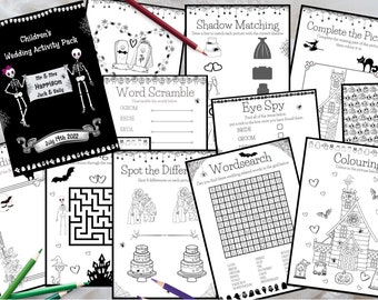 Personalised Halloween themed Children’s Wedding Activity Pack - Digital Download - 12 pages - keep the children entertained - gothic
