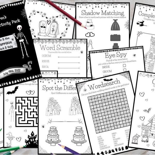 Personalised Halloween themed Children’s Wedding Activity Pack - Digital Download - 12 pages - keep the children entertained - gothic