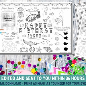 Children’s Birthday Party Placemat / Sealife / Ocean Activity Sheet - Custom / Printable Digital Download - Size A4 or Letter - Fish / whale